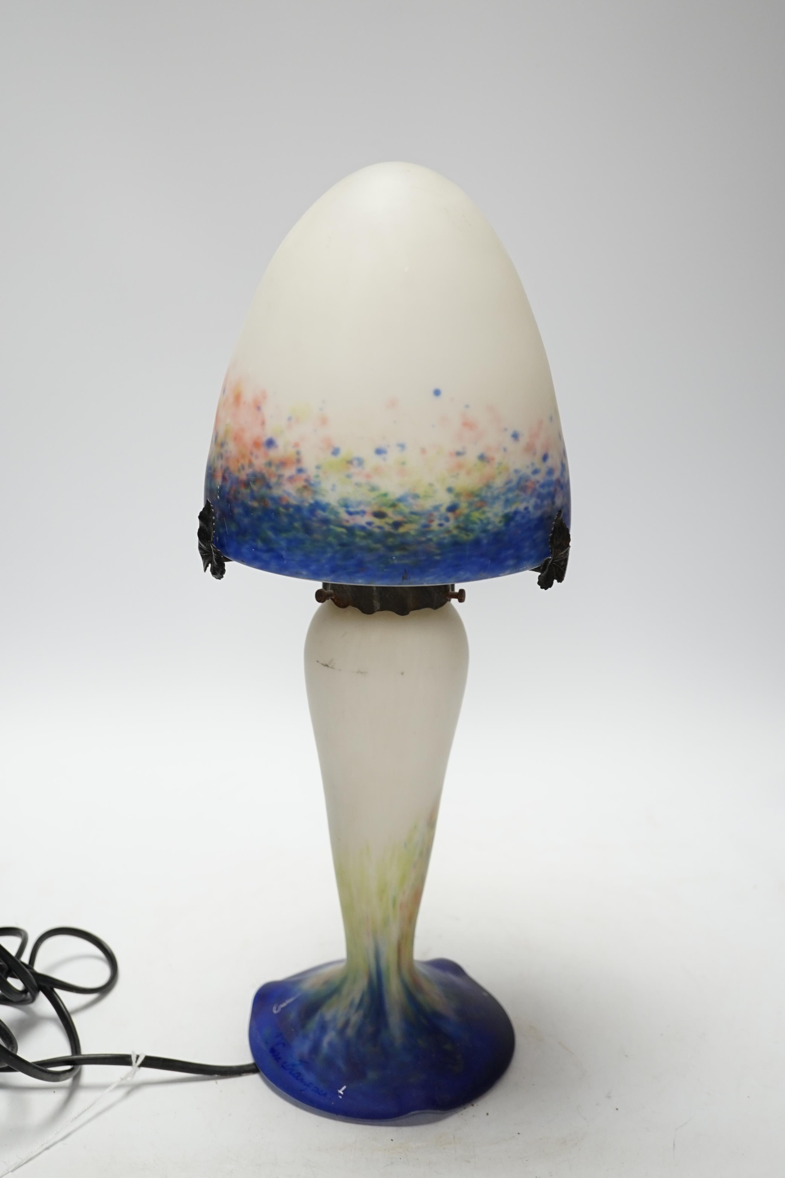 A Le Verre Francais glass mushroom table lamp, signed to the base, 39cm high